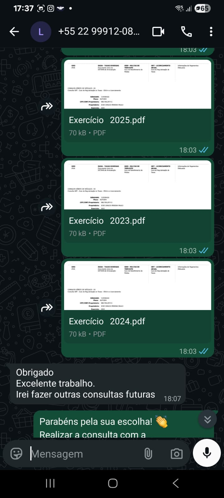 Depoimento de cliente 3 via WhatsApp