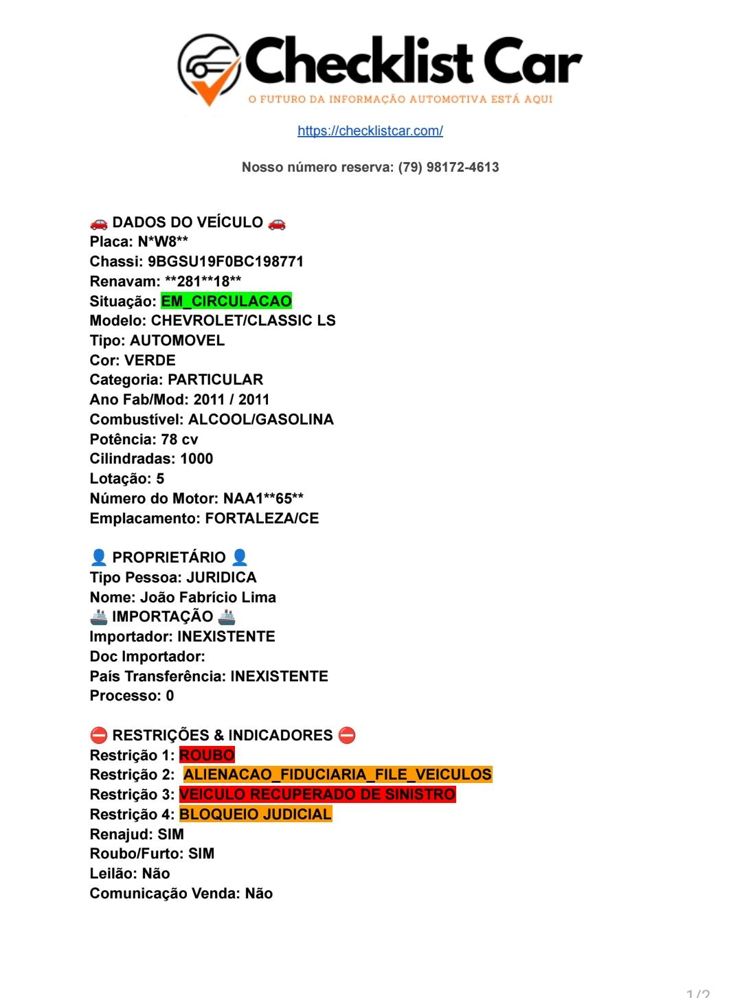 Exemplo de relatório de consulta veicular enviado pela Checklist Car
